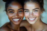 Two young diverse women with radiant smiles showcasing natural beauty and friendship. Close-up portrait of happy females with glowing skin and bright teeth.