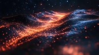 Abstract glowing orange and blue wave landscape with sparkles and particles against dark background, creating futuristic digital terrain with bokeh effect.