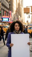 Young African American woman holding blank white sign on busy urban street, serious expression, curly hair, blue coat, city background.