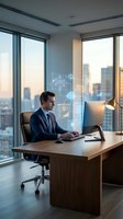 Professional businessman working with holographic cloud computing interface in modern office overlooking city skyline at sunset for technology concepts.