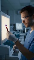 Male scientist examining blood sample in modern laboratory wearing protective eyewear and gloves for medical research and diagnostic testing procedures.