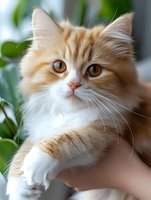 Adorable orange tabby kitten with amber eyes being held gently in human hands against soft green plant background for pet care and animal love concepts.