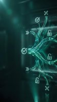 Digital decision tree with glowing teal pathways, checkmarks and locks representing business workflow automation and cybersecurity processes.