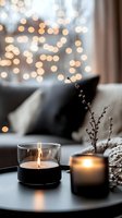 Cozy winter evening atmosphere with glowing candles in black glass holders, dried flowers and soft bokeh lights against blurred cushions background.