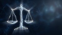 Digital justice scales glowing with light effects on dark blue cosmic background for legal technology and law firm presentations.