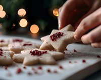 Star-shaped sugar cookies decorated with red currants and powdered sugar on white surface, festive bokeh lights in background, macro food photography.