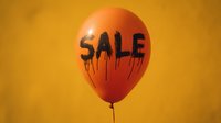 Orange balloon with dripping black SALE text against yellow background, creating striking retail promotion visual for seasonal discount campaigns.