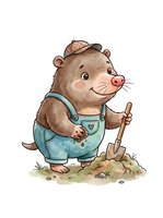 Cheerful brown otter character wearing overalls and cap, holding shovel with dirt pile. Isolated illustration on white background, ready for children's books, nursery decor, and apparel design.