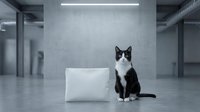 Black and white tuxedo cat sitting next to blank white cube in modern minimalist concrete interior space with industrial lighting and clean architecture.