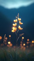 Glowing yellow wildflowers against dark blue twilight sky with bokeh lights creating magical atmosphere. Delicate stems reach upward in evening garden setting.
