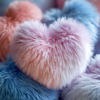 Soft heart-shaped fluffy fur in pastel pink, blue and lilac colors creates romantic texture background with gentle bokeh effect for Valentine's day designs.