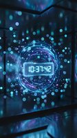 Futuristic digital clock display with glowing neon circles and bokeh lights in cyberpunk style interior for technology and time management concepts.