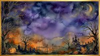 Spooky Halloween night scene with haunted castle, bare trees, pumpkins, bats and purple starry sky. Atmospheric horror landscape for seasonal decorations and designs.