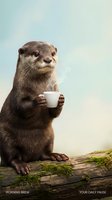 Adorable otter holding white coffee cup on mossy log against soft pastel sky background for morning beverage and wildlife humor concepts.
