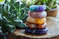Colorful chakra healing stones stacked in balance with green succulent plant on rustic wooden surface, spiritual wellness and meditation concept.