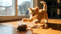 Playful ginger tabby kitten pouncing on a toy mouse on a sunny hardwood floor indoors, capturing energy and curiosity of a young cat.