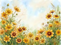 Watercolor wildflower meadow with yellow blooms and green stems on a soft pastel background, perfect for cards, prints, and seasonal decor.