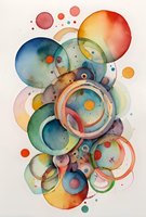 Abstract watercolor composition featuring overlapping translucent circles and rings in vibrant colors perfect for modern wall art, greeting cards, and creative design projects.