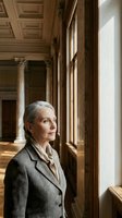 Mature woman with gray hair wearing gray blazer standing in classical corridor with ornate wooden columns, coffered ceiling, and natural light from tall windows, contemplative expression.