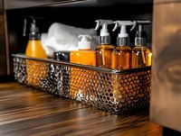 Amber glass spray bottles and containers arranged in decorative metal basket on wooden surface, creating luxurious spa or bathroom decor setup with warm lighting.