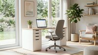 Bright minimalist home office with ergonomic chair, wooden desk, open laptop, and indoor plants in a sunlit modern workspace.