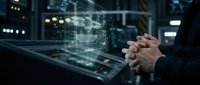 Businessman's hands interact with holographic digital interface displaying data networks and technology systems in modern office environment for business solutions.