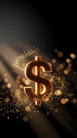 Golden dollar sign with sparkling particles and bokeh lights on dark background for finance and wealth concepts.