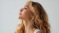 Young caucasian woman with long wavy blonde hair and natural makeup looking up against light gray background in profile view, wearing white tank top, beauty portrait.