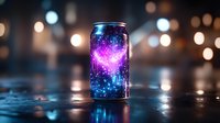 Magical glowing aluminum can with cosmic galaxy and heart shape inside on wet surface with bokeh lights background, creative fantasy composition.