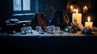 Mystical fortune telling setup with colorful tarot cards, glowing candles, and ancient books creating atmospheric divination scene for spiritual guidance.