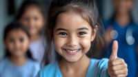 Young Asian girl in blue shirt showing thumbs up with bright smile and positive expression against blurred background of other children. Cheerful student at school.