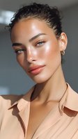 Young mixed race woman with glowing skin, freckles, and bright blue eyes wearing nude blouse. Natural dewy makeup and curly hair in bun. Soft lighting creates radiant look.