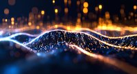 Abstract digital wave pattern with glowing orange and blue light particles flowing in dynamic motion against dark background, modern technology concept.