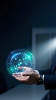 Businessman holding glowing digital globe with network connections and technology icons, representing global business, innovation, and digital transformation in corporate environment.