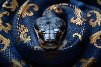 Coiled royal python snake with dark blue scales and golden ornamental patterns, close-up portrait showing detailed head scales and mesmerizing eyes.