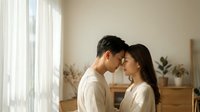 Young Asian couple sharing intimate moment touching foreheads in bright modern bedroom with natural light streaming through curtains.