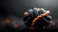 Black rope tied in complex knot with orange highlights against dark background with warm bokeh lights for nautical maritime design projects.