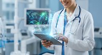 Female doctor using digital tablet with holographic DNA and medical data visualization in modern hospital laboratory for healthcare technology research.