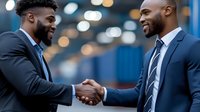 Two African American businessmen in suits shaking hands with confident smiles, expressing partnership and professional success against blurred urban background.