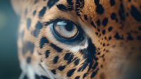 Extreme close-up of leopard's piercing blue eye and spotted fur pattern against blurred background, showcasing intricate details and wild feline beauty in nature photography.