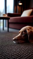 Sleepy brown dog resting on carpet in cozy living room with armchair and window light, creating peaceful domestic atmosphere. Pet relaxation at home.