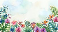 Tropical botanical watercolor border with vibrant pink and orange flowers, green palm leaves, and bird of paradise blooms on isolated white background for design projects.