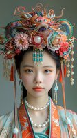 Young woman wearing ornate traditional Chinese hanfu with elaborate phoenix headdress adorned with coral, turquoise beads, pearls and floral elements. Soft makeup with coral lips.