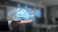 Businessman hand presenting glowing cloud computing hologram with digital network connections and data particles in modern office environment.