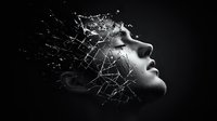 Young woman's face shattering into fragments against dark background, profile view showing emotional distress and mental health concept, artistic monochrome portrait.