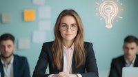 Young Caucasian businesswoman in glasses and suit sitting at conference table with team members while glowing light bulb sketch appears on turquoise wall background.