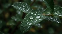 Fresh green leaves covered with morning dew drops after rain, natural water droplets on plant foliage creating peaceful garden atmosphere.