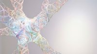 Abstract holographic DNA double helix structure with iridescent rainbow colors on gradient background for genetic research and biotechnology concepts.