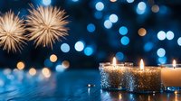 Glowing candles with sparkly holders against blurred blue bokeh lights and fireworks create magical festive atmosphere for celebration backgrounds.