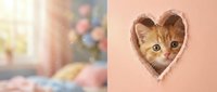 Adorable orange tabby kitten peeking through heart-shaped hole in pink wall, cute pet portrait for Valentine's Day and love themed designs.